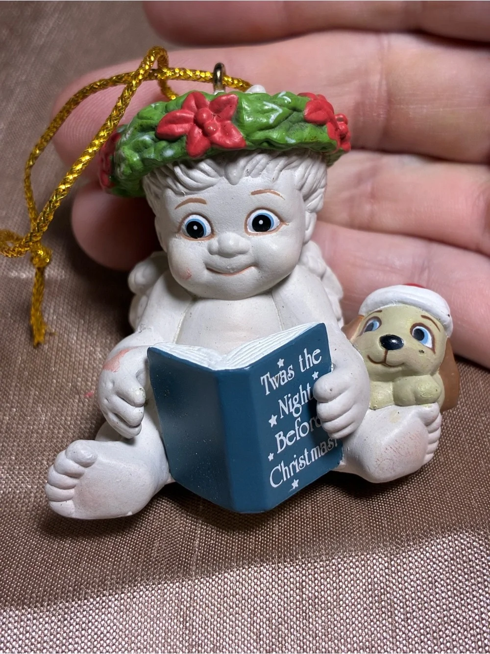 Dreamcycles White Cherub CHRISTMAS Holiday Ornament - with a puppy